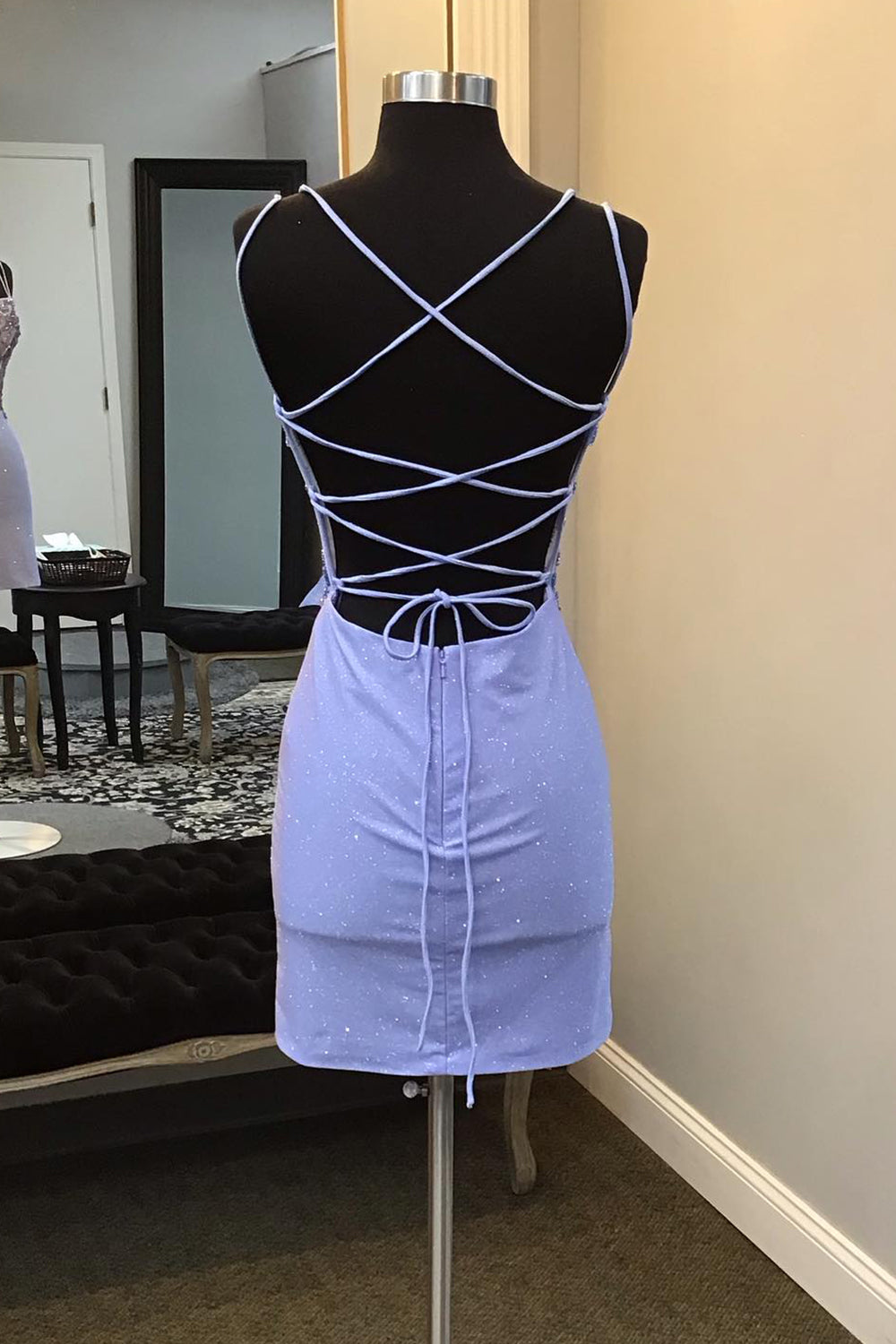 Purple Homecoming Dresses Beaded Spaghetti Straps Corset Tight Short Cocktail Dresses