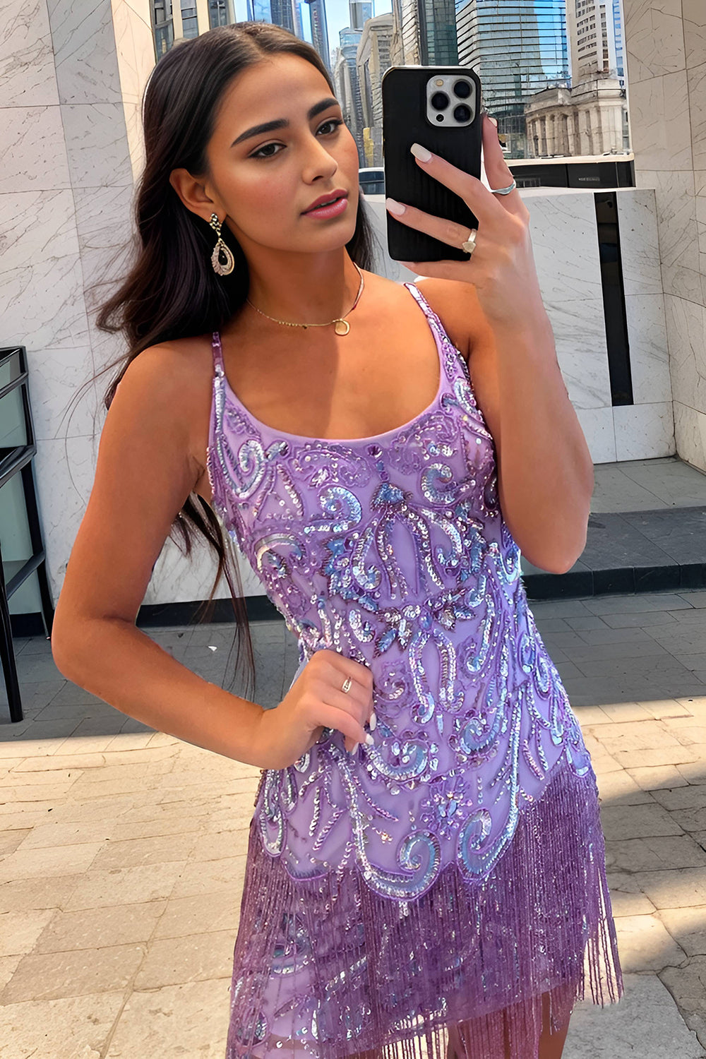 Purple Homecoming Dresses Sequin Spaghetti Straps Short Cocktail Dresses with Fringes