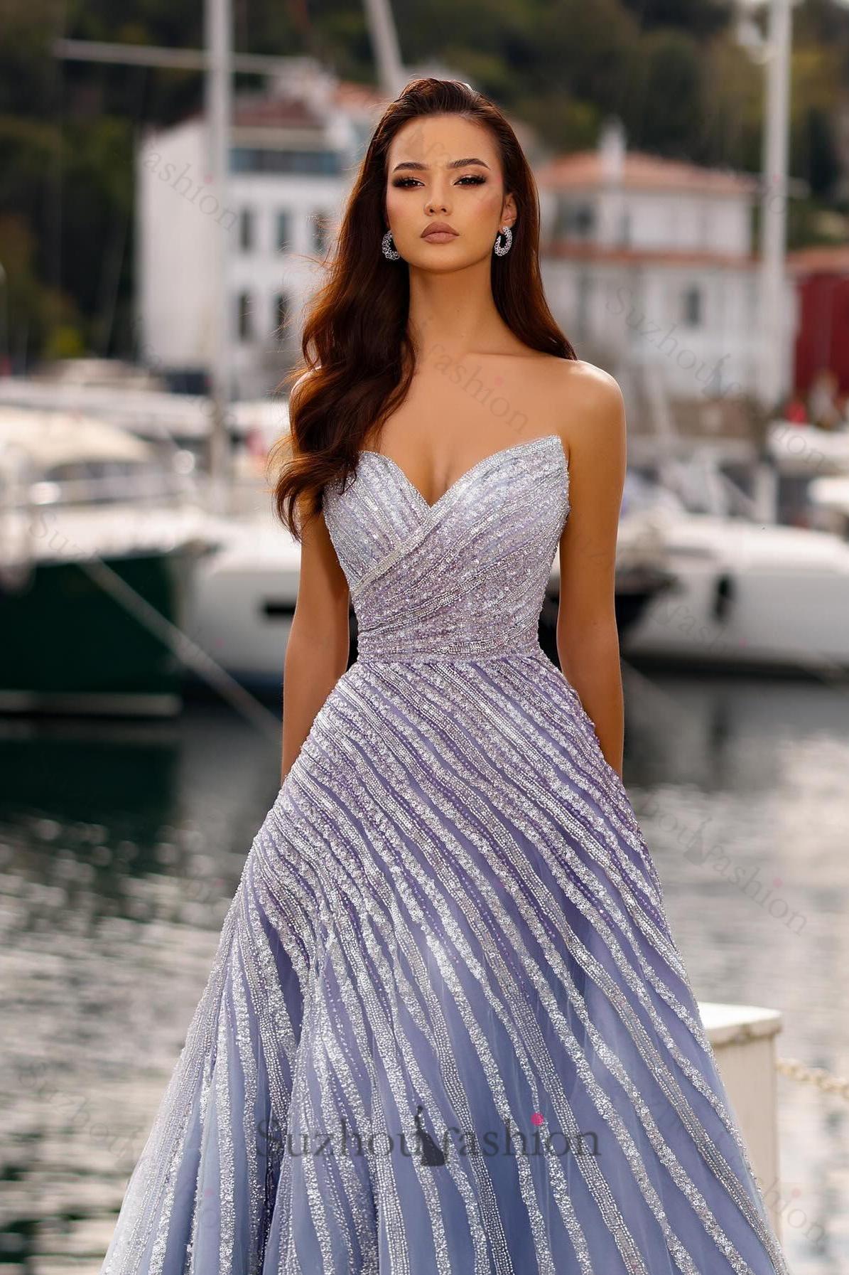 Purple Prom Dress A Line Sweetheart Strapless Sleeveless Sequined Floor Length Tulle Formal Dress