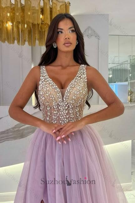 Purple Prom Dress V Neck A Line Spaghetti Strap Beaded Sleeveless Tulle Formal Dress With Rhinestone