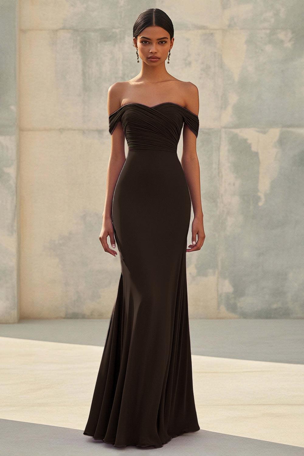 Purple Wedding Guest Dress Chiffon Mermaid Off The Shoulder Long Formal Dress With Ruch