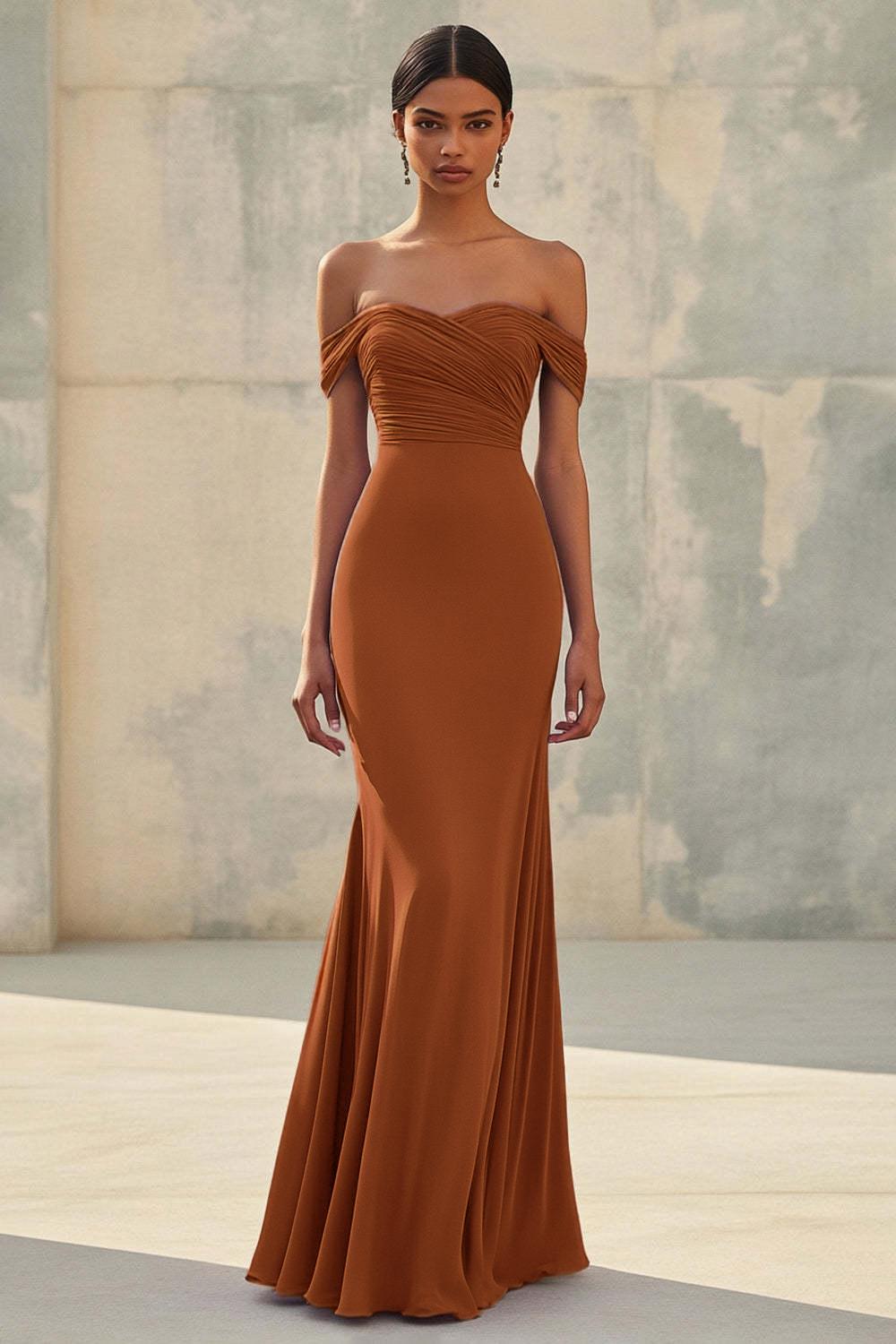 Purple Wedding Guest Dress Chiffon Mermaid Off The Shoulder Long Formal Dress With Ruch