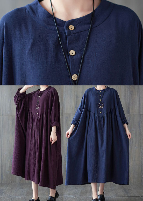 Purple Wrinkled Cotton Casual Dresses Long Sleeve
