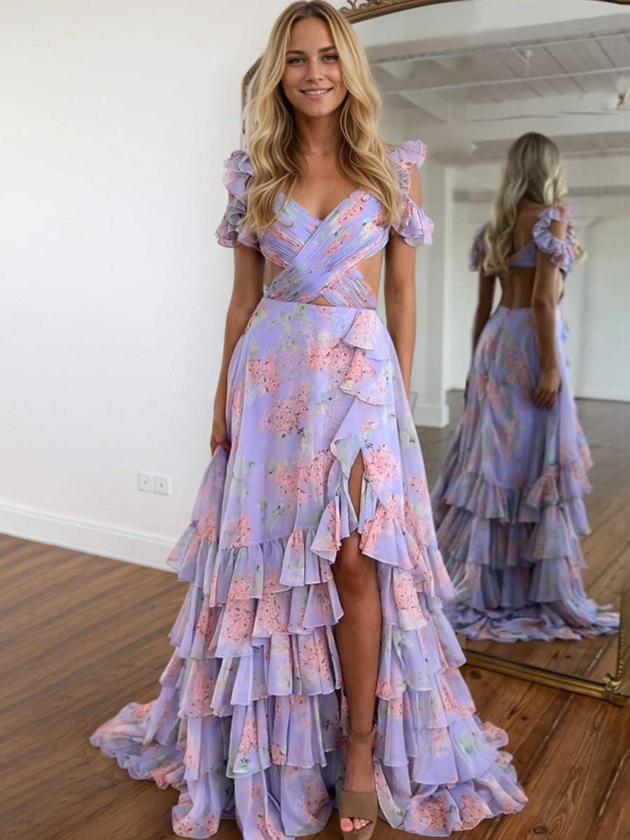 Purple Print A-Line Tiered Long Prom Dress with Slit - VelvetHem