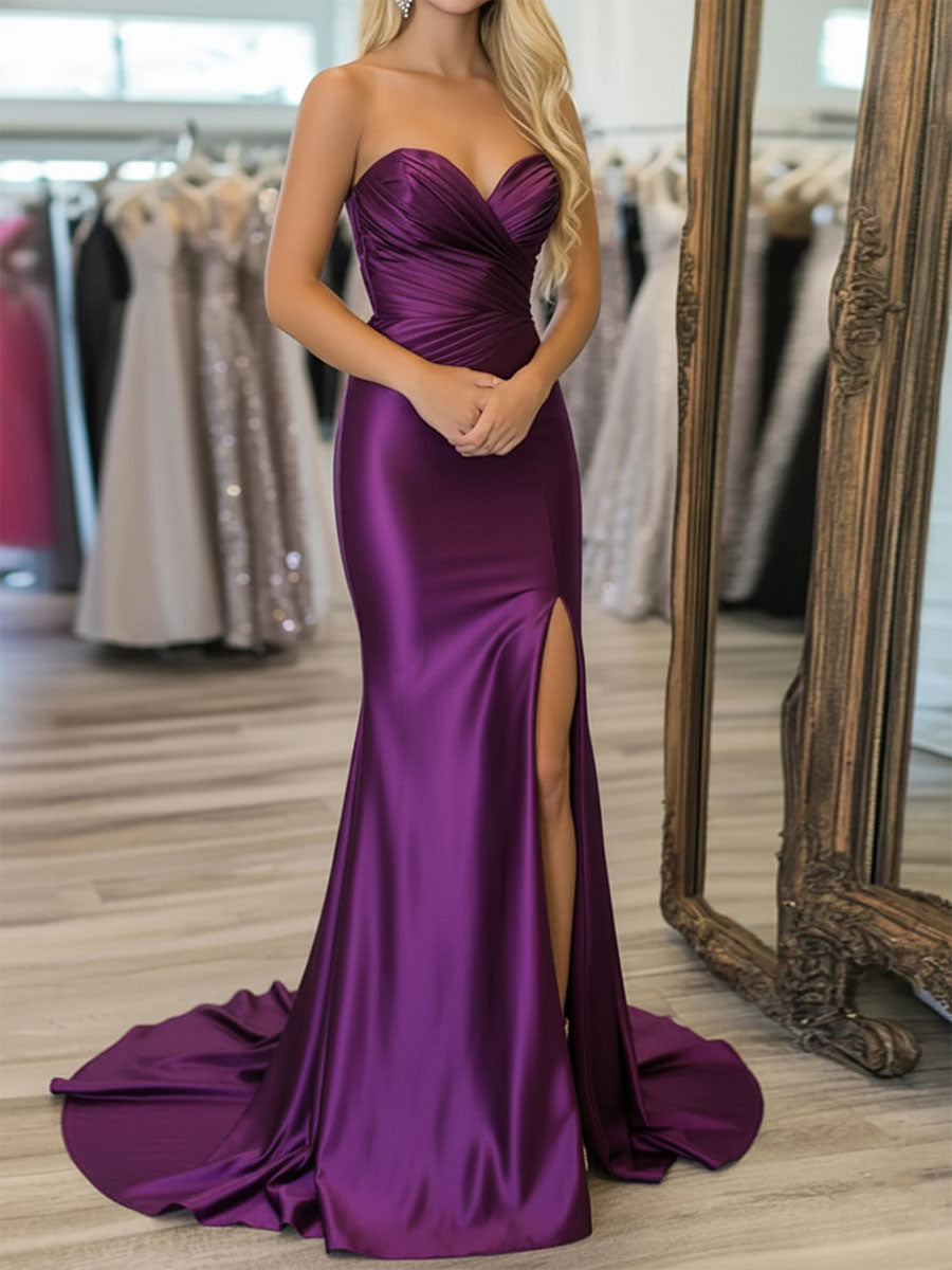 Purple Strapless Crisscross Ruched Bodice Satin Prom Dress with Slit - VelvetHem