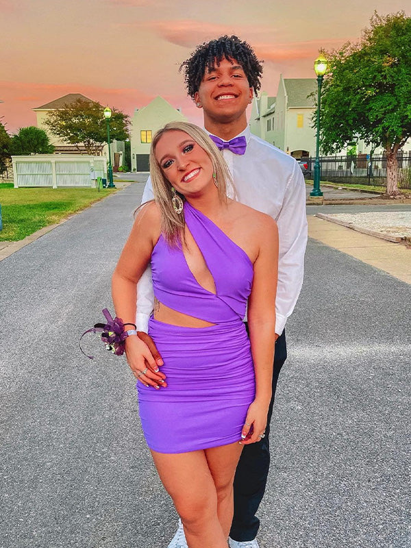 One Shoulder Satin Tight Homecoming Dress - VelvetHem