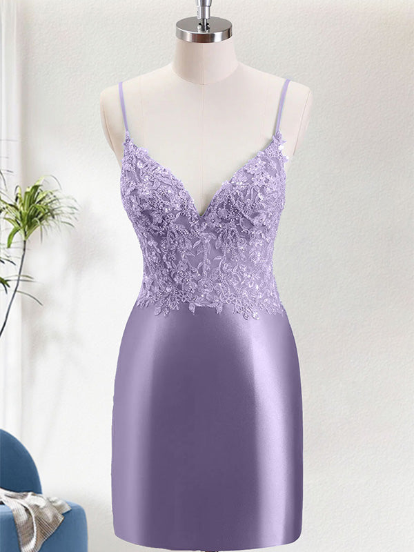 Spaghetti Straps Beaded Appliques Satin Bodycon Homecoming Dress - VelvetHem