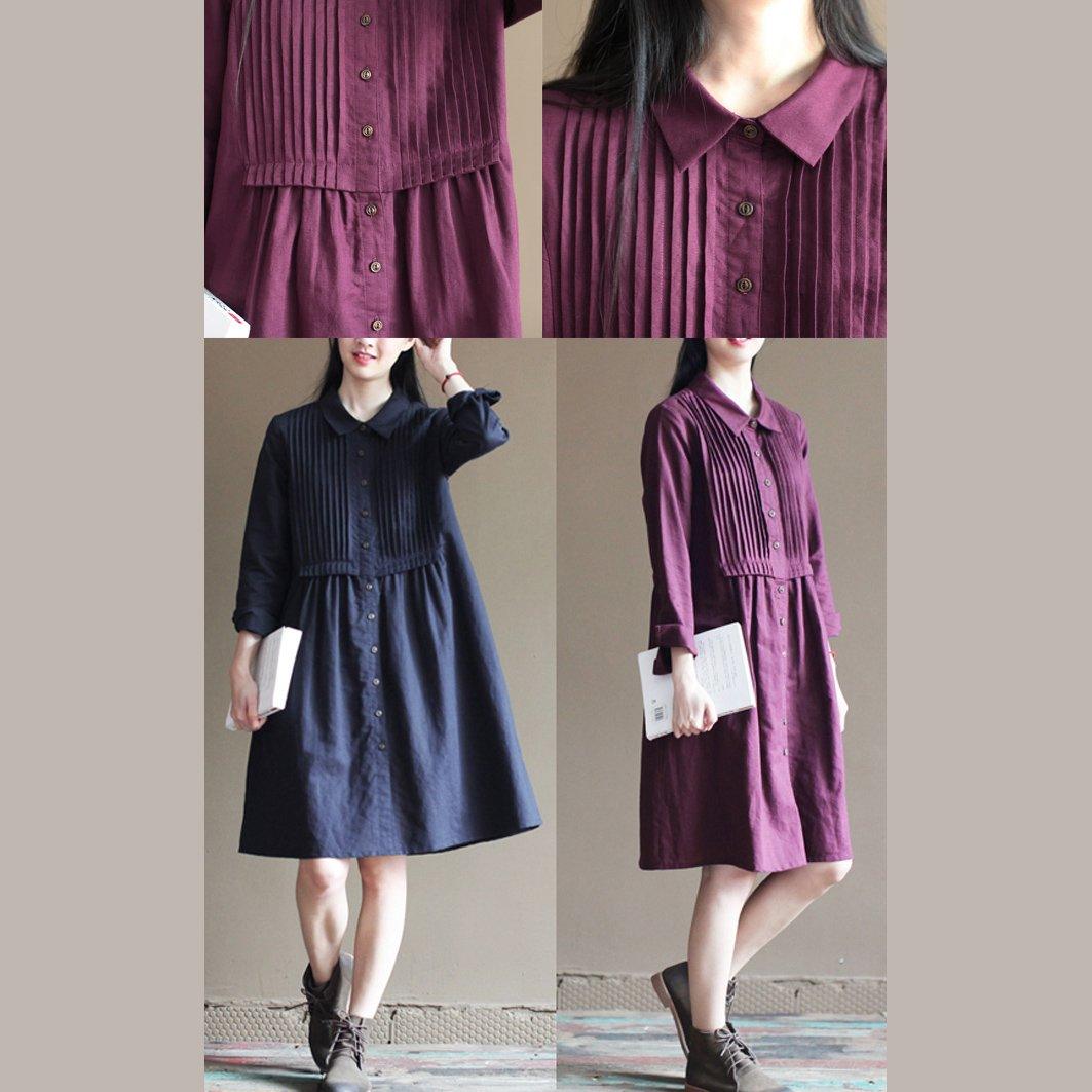Purple linen dresses long sleeve cotton dress vintage style
