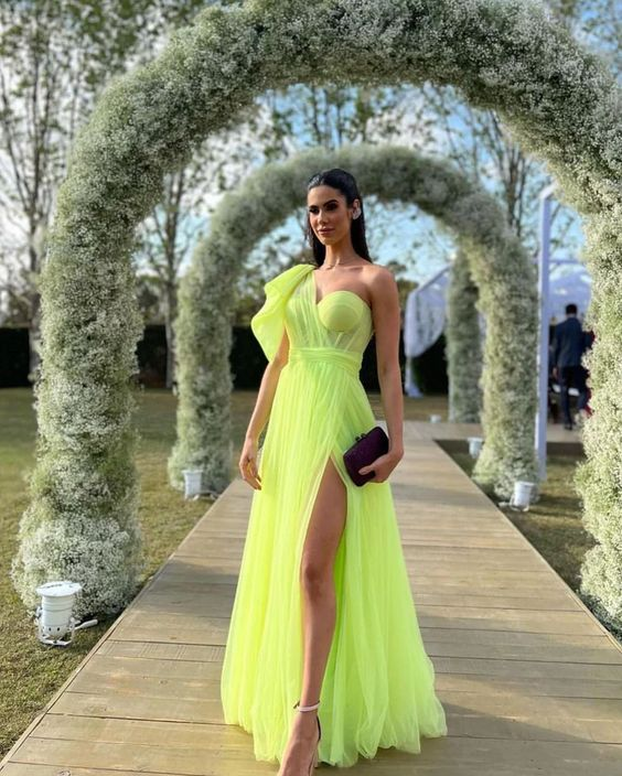Charming A Line One Shoulder Fluorescent Green Tulle Long Prom Dresses with Slit - VelvetHem