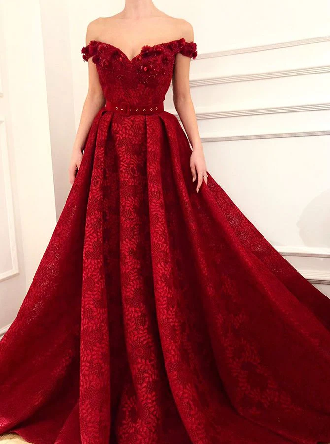 Sweetheart A Line Red Lace Long Off Shoulder Prom Dresses - VelvetHem