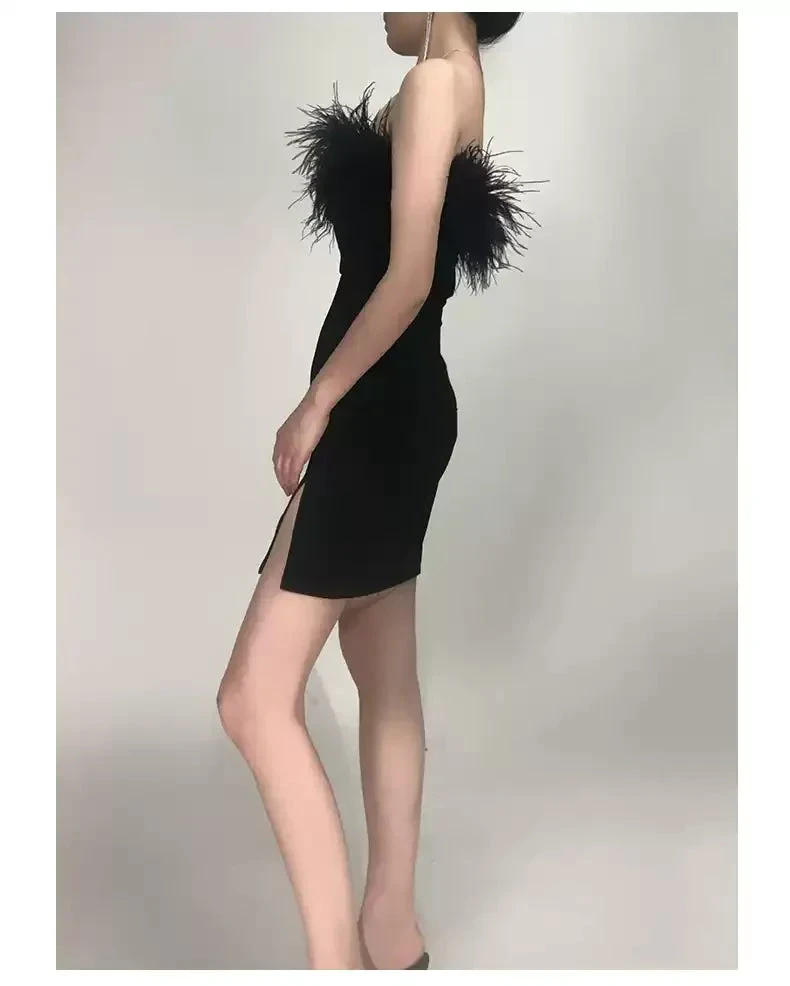 Womens Feather Off Shoulder Bandage Dresses Side Split Cocktail Party Bodycon Dress Black Short Homecoming Dress (ZD12486)