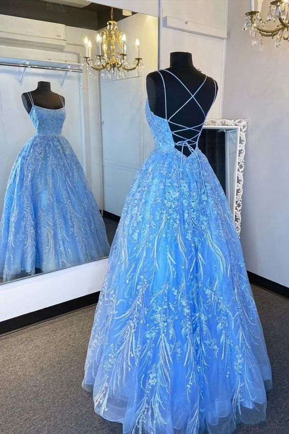 Elegant Straps Blue Applique Formal Dress Prom Dress Evening Dress Y5890