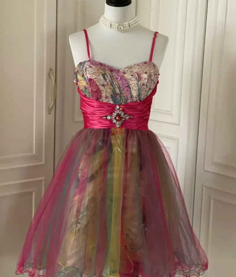 Vintage Spaghetti Straps Tulle Sequin Beaded Mini Homecoming Dress Party Dress