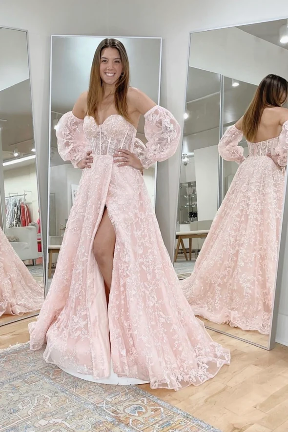 Pink lace sequins long prom dress pink evening dress Y245 - VelvetHem