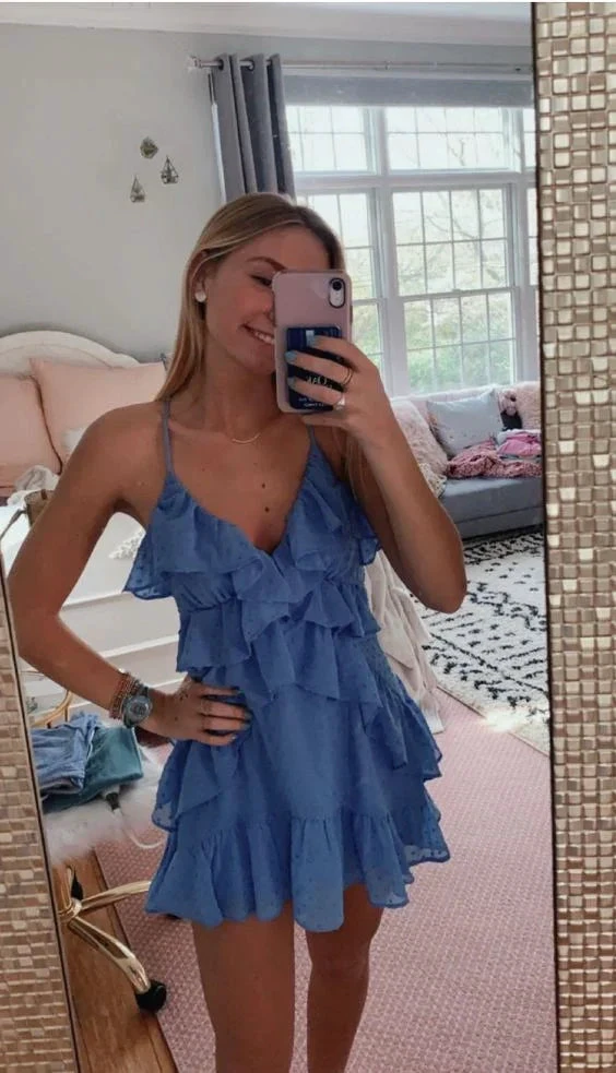 A-line V Neck Blue Short Homecoming Dress Lovely Homecoming Dress (ZD12578) - VelvetHem
