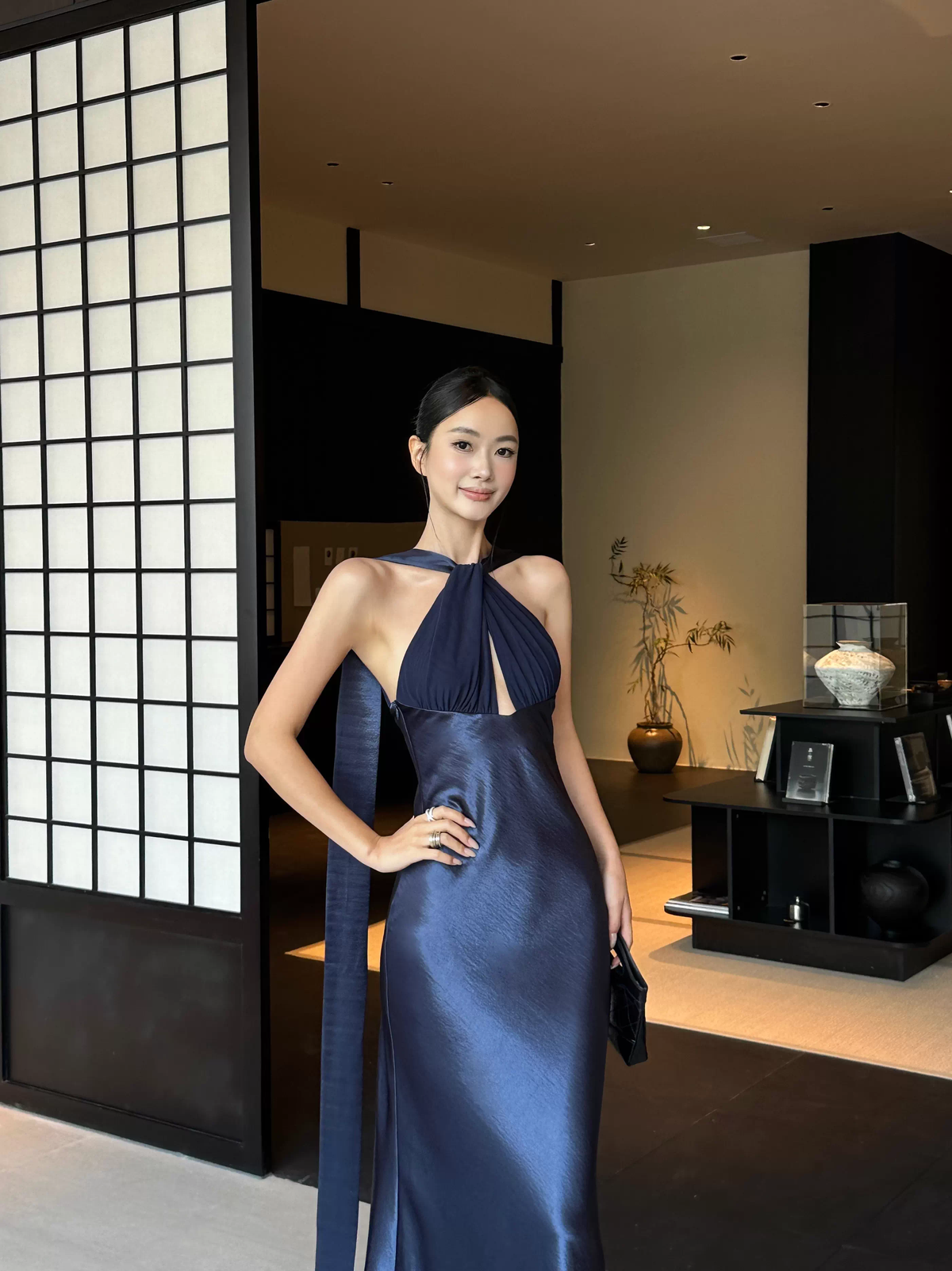 Classy Sleeveless Navy Blue Satin Mermaid Long Wedding Guest Dress Formal Backless Party Dress Evening Gown - View 2 | VelvetHem