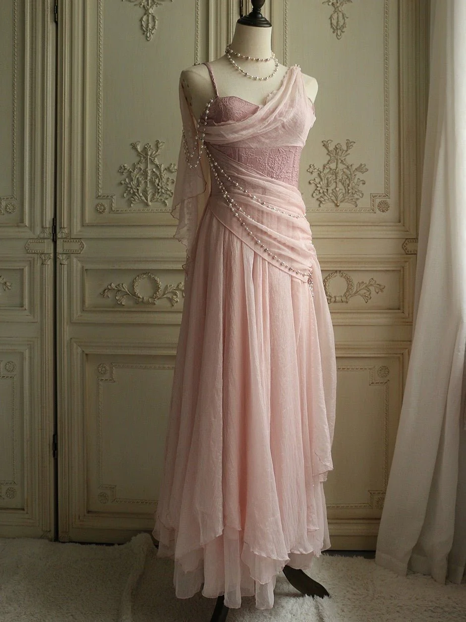 Vintage Pink One Shoulder Chiffon Evening Dress A Line Prom Dress Y7791 - VelvetHem
