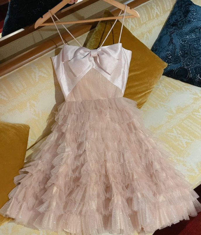 Pretty Pink Spaghetti Straps Tulle Sequin Homecoming Dress Short Party Dress - VelvetHem