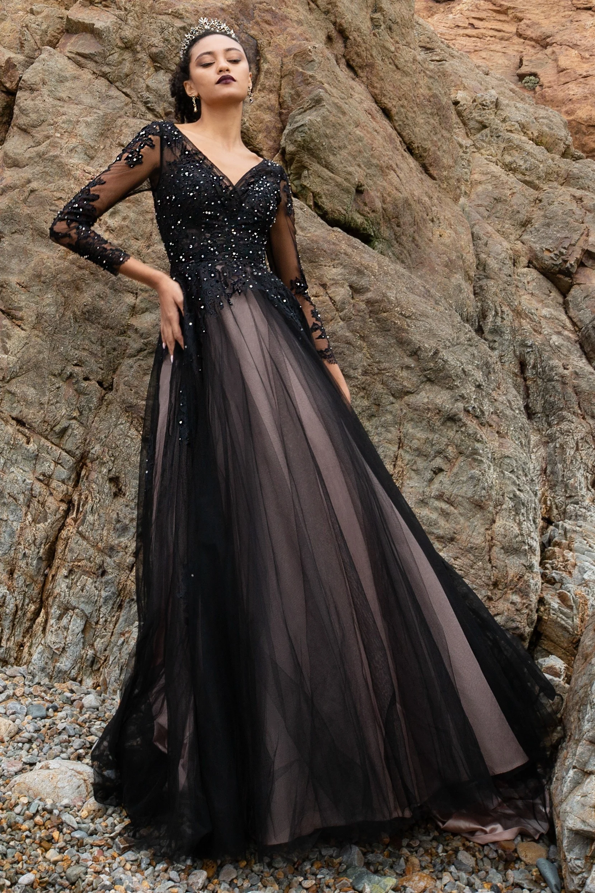 A-Line Court Train Tulle Wedding Dress Black Tulle Lace Bridal Dress - VelvetHem