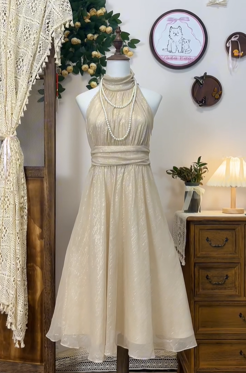 Sparkly Champagne Tulle Sequin A Line Formal Homecoming Dress Halter Birthday Dress - View 2 | VelvetHem