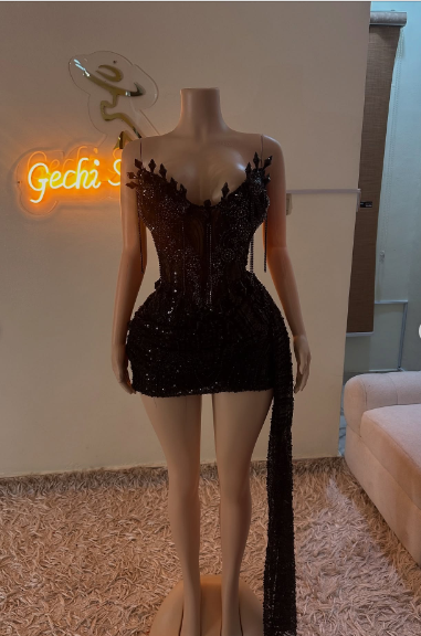 Gorgeous Black Sleeveless Spiked Sequined Tassel Chain A-line 17th Birthday Homecoming Dress - View 5 | VelvetHem