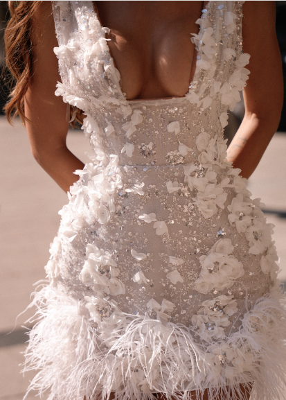 Elegant White Deep V Neck Sequined Floral Feather Fitted Birthday Dress Homecoming Dress - View 5 | VelvetHem