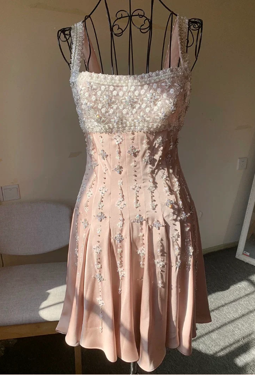 Vintage Pink Square Neck Wide Shoulder Strap Sequin Embroidered Satin Birthday Party Homecoming Dress - VelvetHem