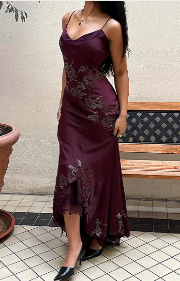 Vintage Elegant Burgundy Spaghetti Strap V-neck Satin Long Prom Dress Evening Dress - View 10 | VelvetHem