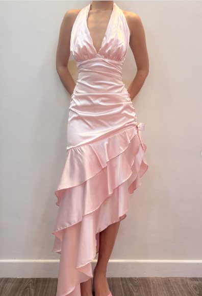 Sweet Pink Halter V-Neck Bow Ruffle Satin Prom Prom Birthday Dress