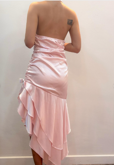 Sweet Pink Halter V-Neck Bow Ruffle Satin Prom Prom Birthday Dress