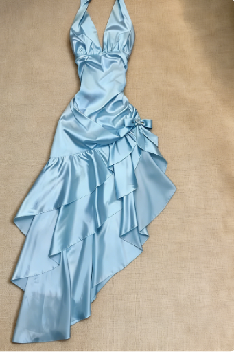 Sweet Pink Halter V-Neck Bow Ruffle Satin Prom Prom Birthday Dress