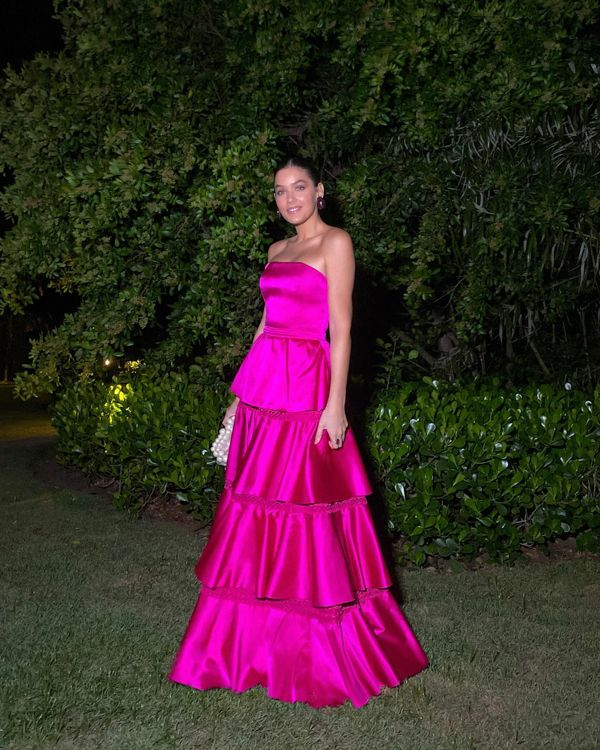 Gorgeous Strapless Satin Layered Party Evening Dress Hot Pink A Line Prom Dress - VelvetHem
