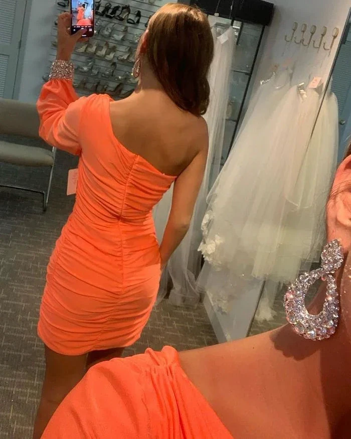 One Shoulder Orange Satin Tight Homecoming Dress with Beading Long Sleeves (ZD11797)