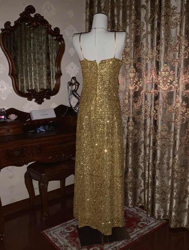 Glitter V Neck Sequin Beaded Gold Mermaid Party Dress Long Evening Dress - View 5 | VelvetHem
