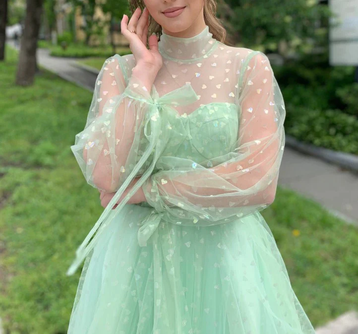 Light Green Short Tulle Prom Dresses,Long Sleeve Homecoming Party Dress - View 3 | VelvetHem