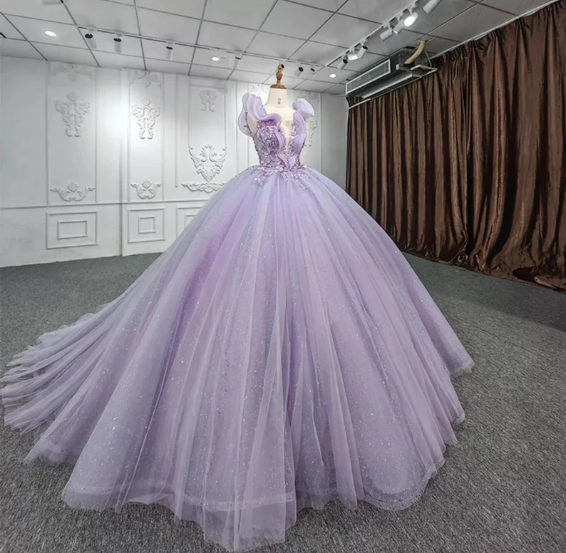 Shimmering Beaded Layered & Ruffled Deep V Neck Quincea�era Princess Ball Gown - VelvetHem