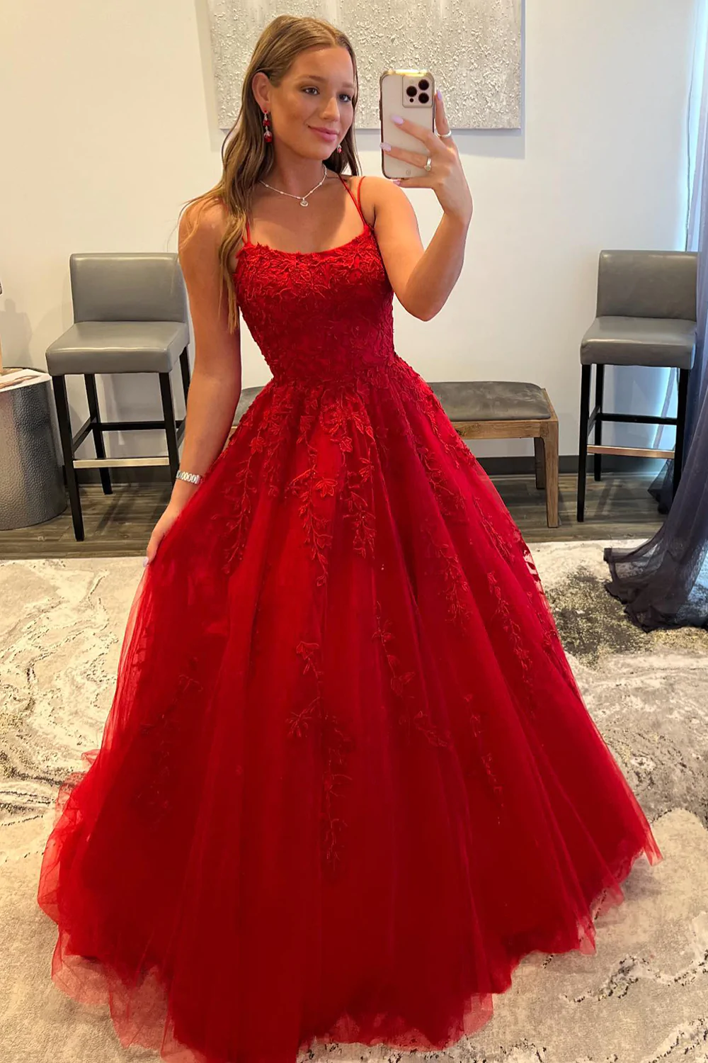 Red Spaghetti Straps Long Prom Dress with Appliques - VelvetHem