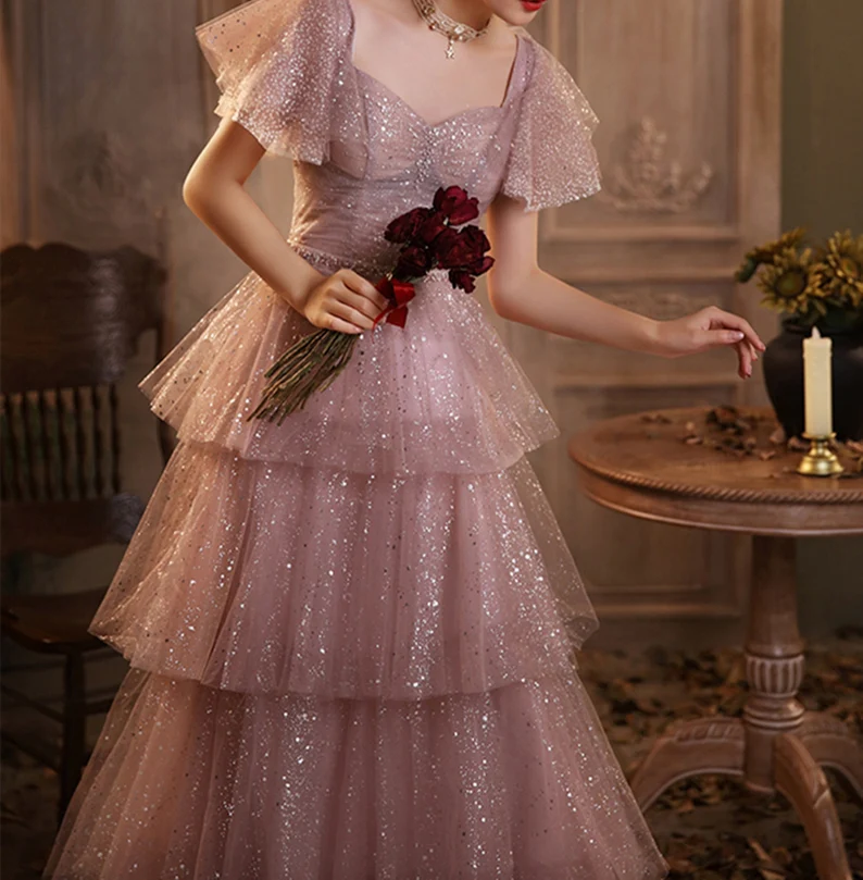Dreamy Pink Long Prom Dress Girl Sparkly Tiered Dress Starry Evening Dress
