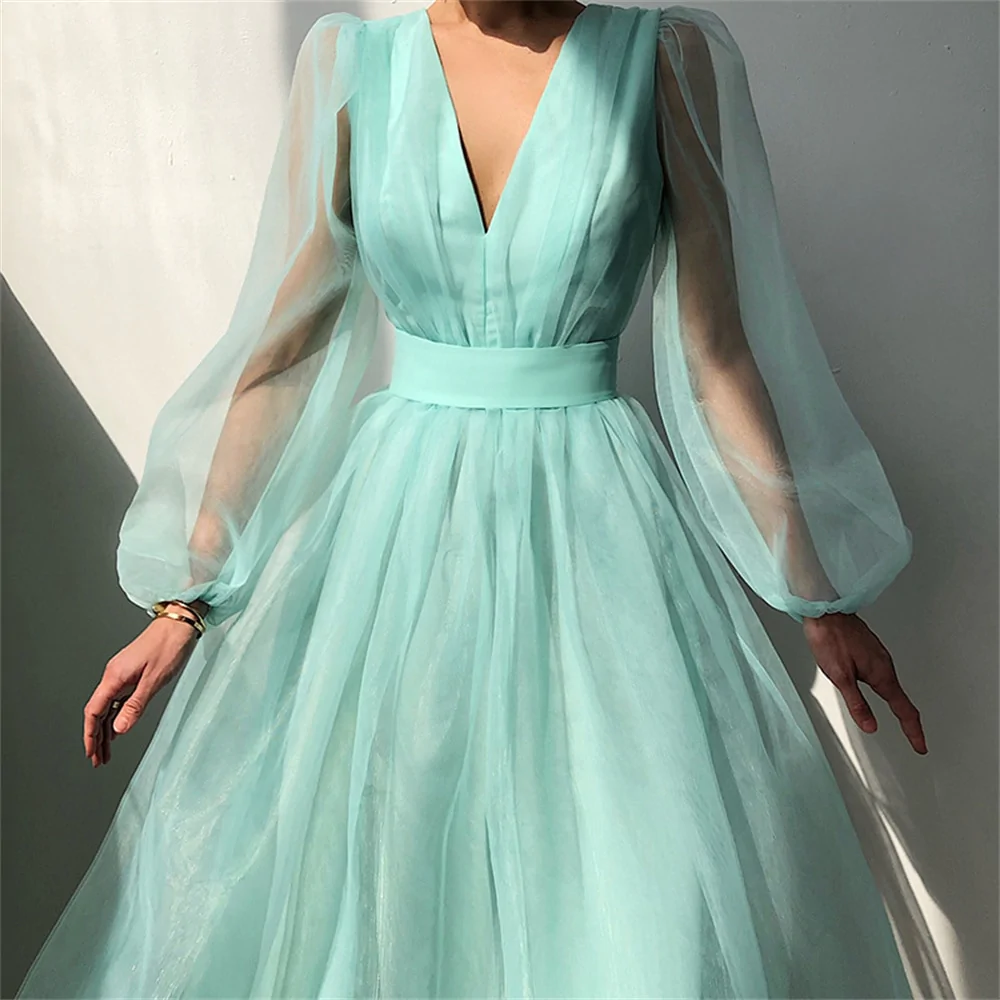 Graduation dress Short A Line Prom Dresses V Neck Long Puff Sleeve Tulle Formal Wedding Evening Party Dresses For Graduation - VelvetHem