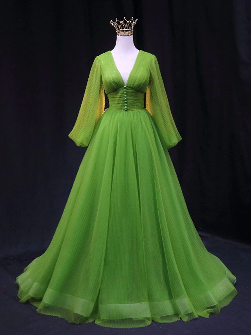 Green A Line Long Prom Dresses, V Neck Green Tulle Long Formal Evening Dresses - VelvetHem