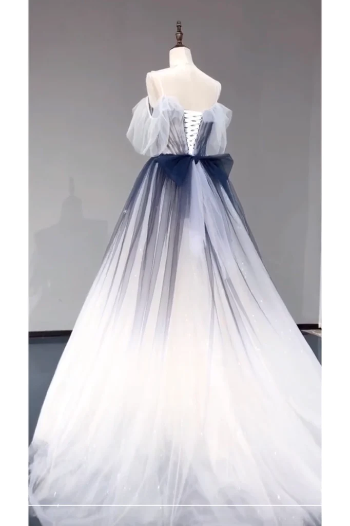 A Line Off the Shoulder Ombre Prom Dress, Long Tulle Prom Dress with Saprkles