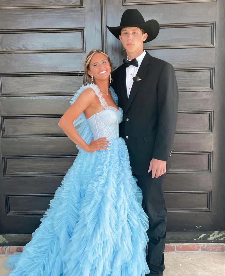 Light Sky Blue Tulle Princess Ruffle Straps With Tiered Long Prom Dress - VelvetHem