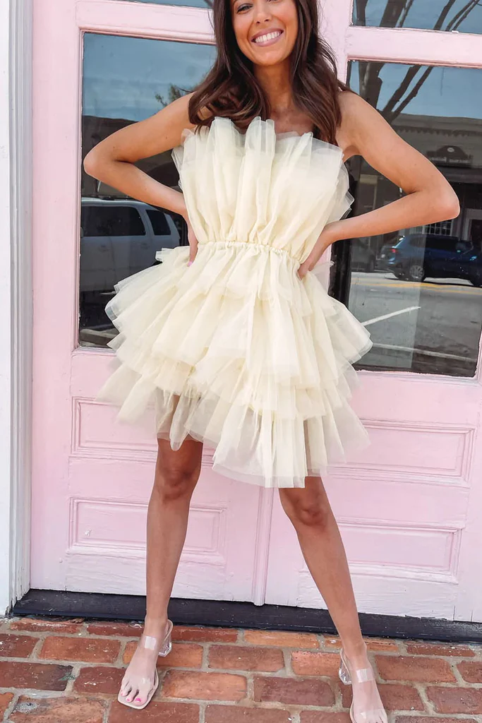 Strapless Tiered Short Homecoming Dress, A Line Sweet 16 Dress - VelvetHem