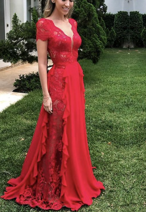 Charming A Line Long Wedding Guest Dress Red Prom Gowns - VelvetHem