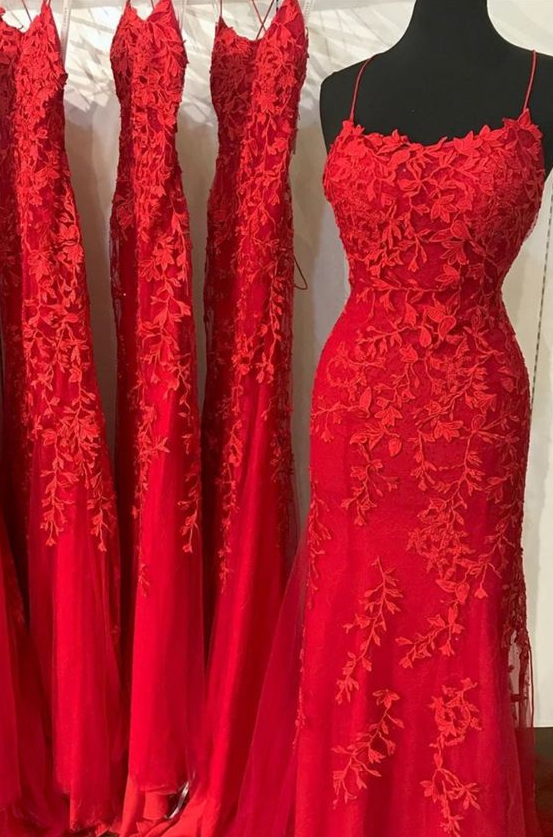 A Line red prom dress lace gown with strappy lace up back - VelvetHem