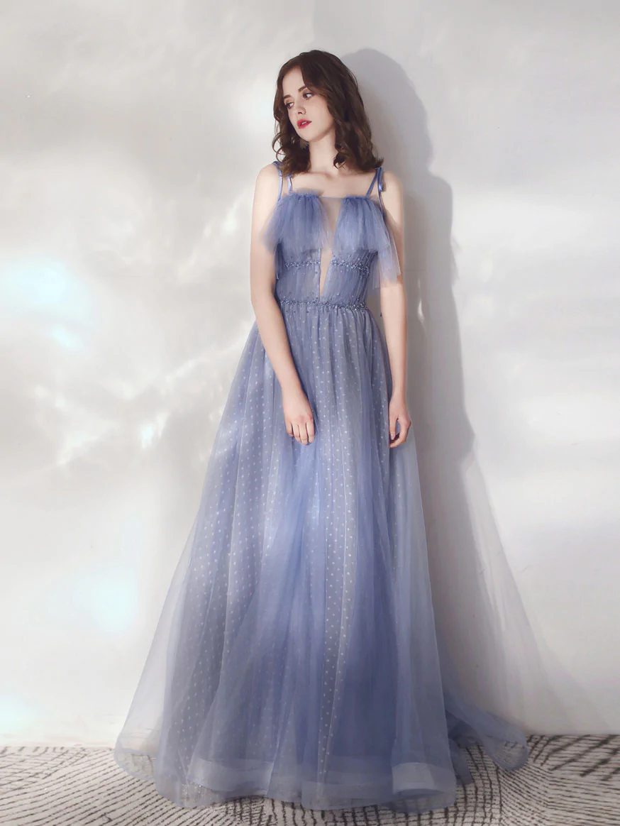 Blue A-Line Tulle Long Prom Dresses, Blue Formal Graduation Dresses - VelvetHem
