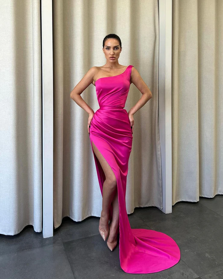 Charming Mermaid One Shoulder Hot Pink Satin Long Prom Dresses with Slit - VelvetHem