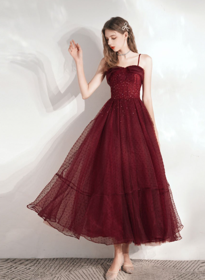 Burgundy sweetheart tulle tea length prom dress - VelvetHem