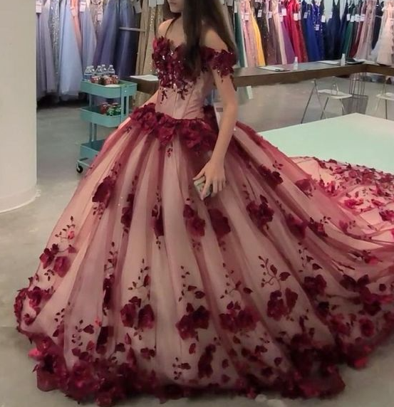 Wine Red Quince Gown with train Charming Prom Dress Ball Gown Evening Dress - VelvetHem