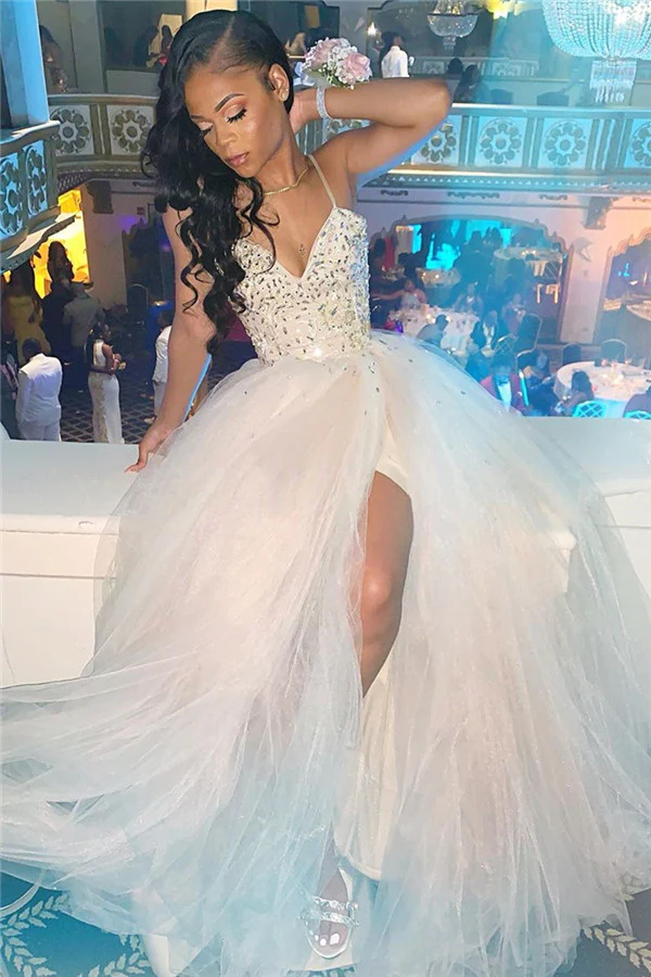 2023 Cheap A Line White Sweetheart Beaded Tulle Side Slit Prom Dresses